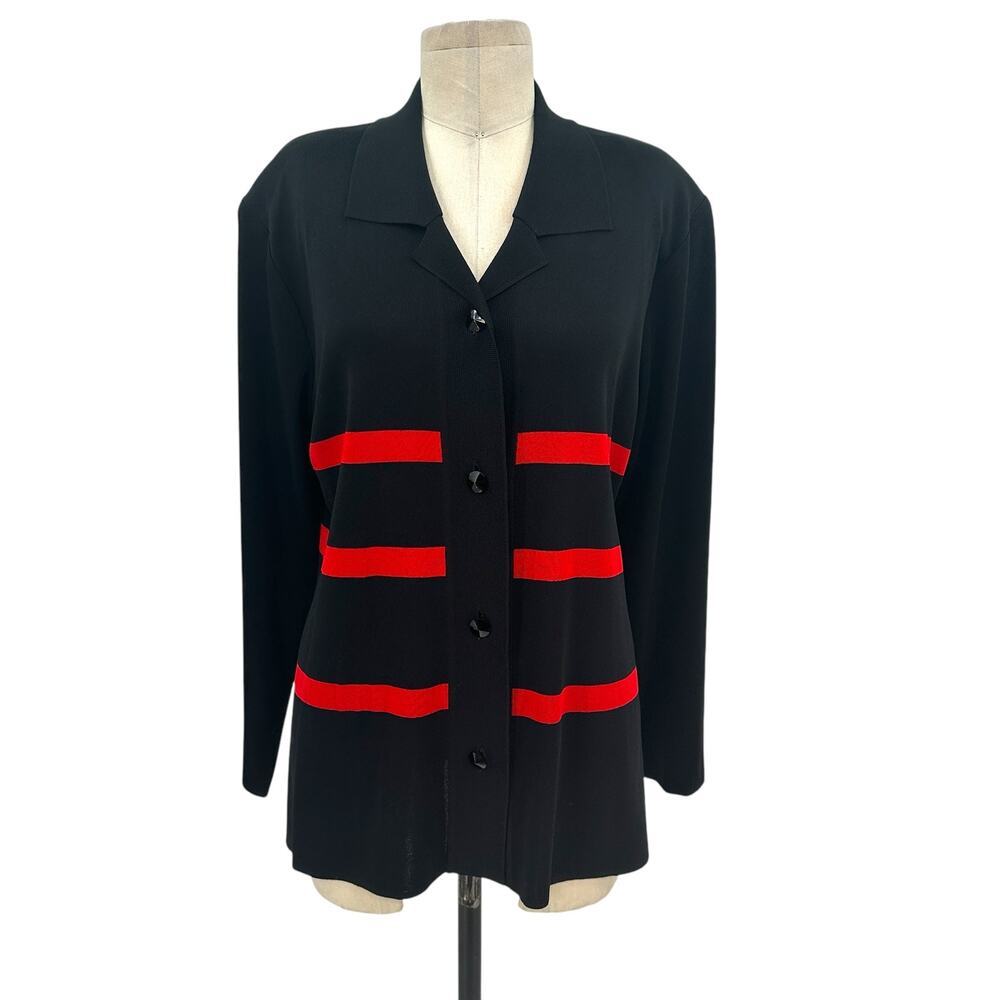 Exclusively Misook Black Red Striped Button Cardigan Sweater Blazer Size Large